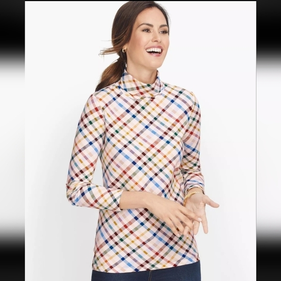 Talbots Woman Cream Multicolor Plaid Turtle Neck Top Blouse Sz XL - Picture 1 of 10